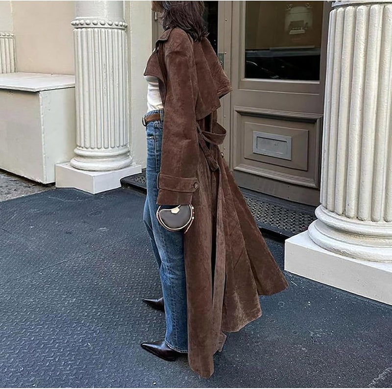 utcoco Womens Faux Suede Long Trench Coat Notched Lapel Double Breasted Pea Coat Overcoat with Belt - Image 1